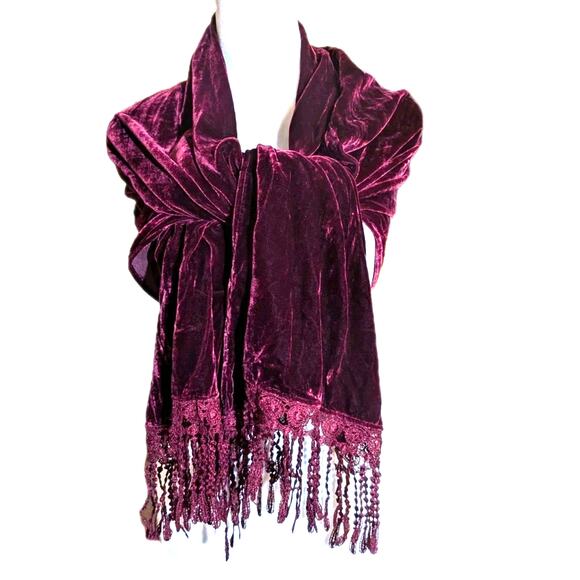 Unbranded Accessories - Regal Purple Crushed Velvet Oblong Stole Scarf Crochet Lace Fringe Iridescent